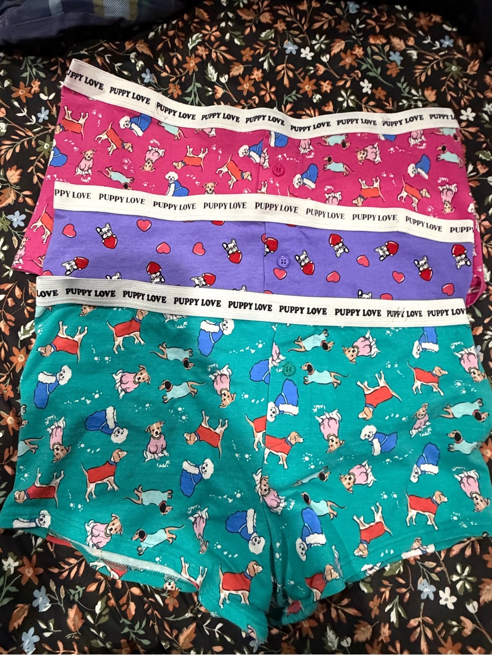 NWOT 3 Pack Puppy Love Boxer Briefs/Boyshorts - Teal, Purple & Pink
